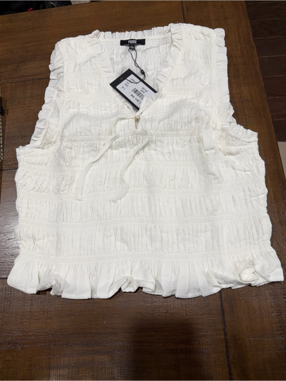 PAIGE Devi Off-White Smocked Ruffle Top - Picture 2 of 5